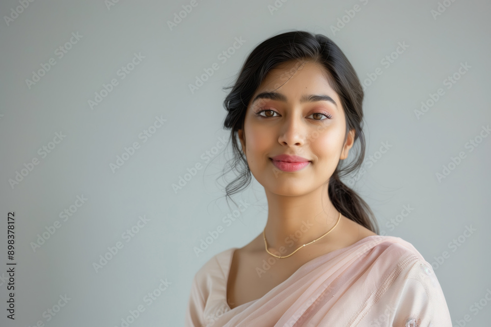 Wall mural portrait of a smiling indian woman wearing a pink sari