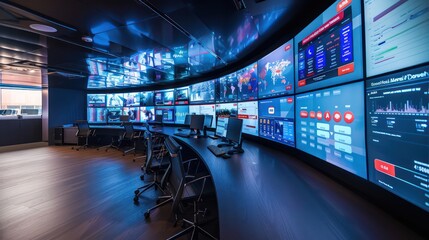 digital marketing war room with live social media feeds and performance metrics on a curved panoramic screen