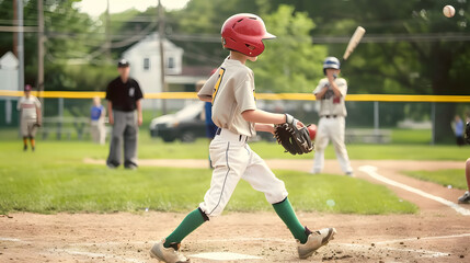 A young baseball player steps up to bat during a game, with teammates and an umpire in the background on a sunny day