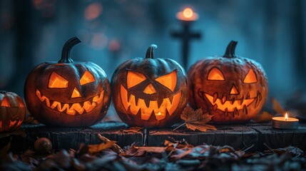 Group of Carved Pumpkins on Table