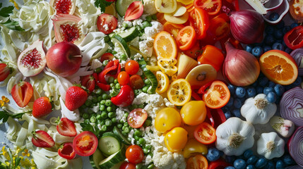 Healthy vegetable salad with tomatoes, peppers, cucumbers, onions and other vegetables and fruits