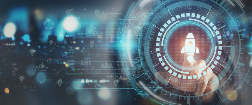 Idea, innovative product launch concept. Businessman touching on the botton rocket icons, symbolizing the concept of transforming ideas into action and launching new projects and product development.