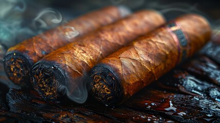 A close-up photograph capturing a lit premium cigar with glowing embers and rising smoke on an ashy surface. The dark background is illuminated by soft orange bokeh lights