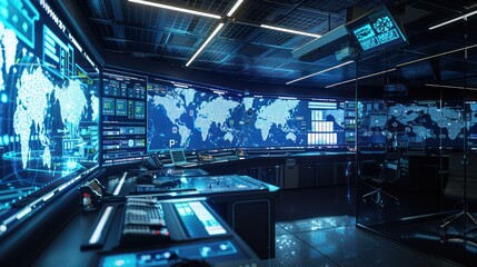 digital military strategy room where experts simulate and discuss tactics, with screens displaying maps and live data feeds