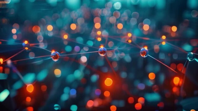 Interconnected glowing orbs symbolize professional connections and communication at a virtual networking event.