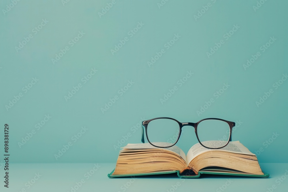 Leinwandbilder an open book with glasses resting on top of it against a teal background. generative ai