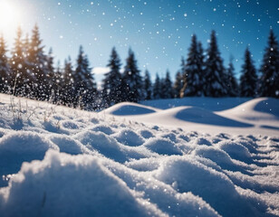 Cute Christmas landscape covered with fresh white snow. Wonderful winter forest. New Year Christmas atmosphere. Festive and enchanting winter wonderland. Snowflakes, snowdrifts and hills. AI generated