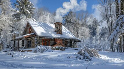 A rustic cabin covered in snow, smoke coming from the chimney