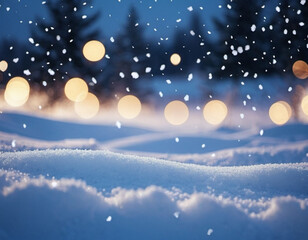 Cute Christmas night landscape covered with fresh snow. Wonderful winter village. New Year Christmas atmosphere. Festive enchanting winter wonderland. Snowflakes, snowdrifts and hills. AI generated
