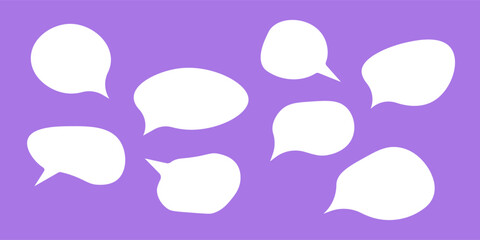Set of simple communication bubbles on purple background. Vector discussion signs icons in flat style