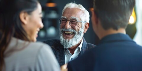 Smiling, elderly man laughing heartily at a joke or conversation with friends, indicating happy social interactions.