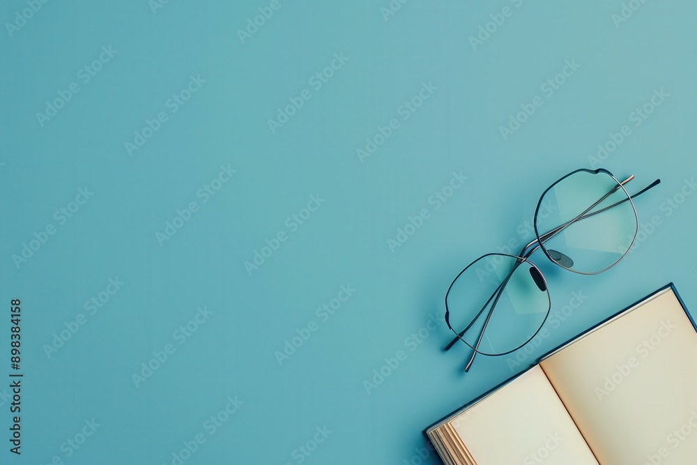 Fototapete a close-up image of a book lying open with eyeglasses resting next to it on a light blue surface. ge