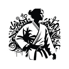 Judo , martial art ,  Karate , Taekwondo  female player in graffiti tags, street art pattern illustration, emblem shield badge