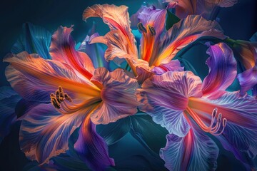 Multiple flowers intertwining in a beautiful dance, Abstract depiction of flowers suspended in mid-air, showcasing a unique and artistic interpretation, Ai generated