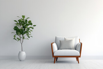 White Armchair With Wooden Frame and Green Plant in White Pot in Minimalist Living Room