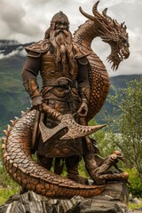 Naklejka premium A statue of a man holding a sword and a dragon