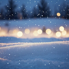 Naklejka premium Cute Christmas night landscape covered with fresh snow. Wonderful winter village. New Year Christmas atmosphere. Festive enchanting winter wonderland. Snowflakes, snowdrifts and hills. AI generated