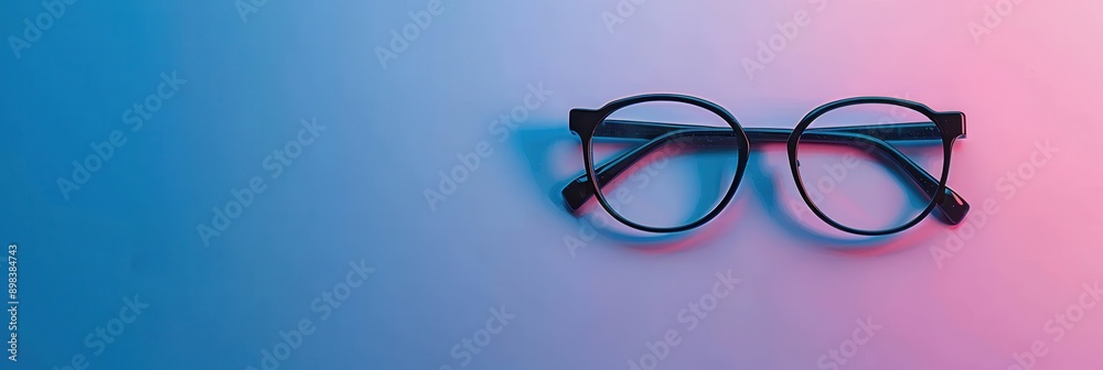 Poster a pair of black eyeglasses sit on a light blue background with a pink gradient. generative ai