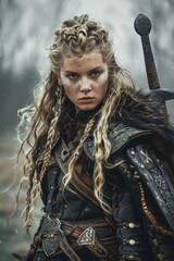 A woman with long blonde hair and a sword in her hand