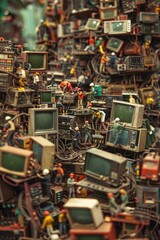 A group of people are working on a pile of old televisions