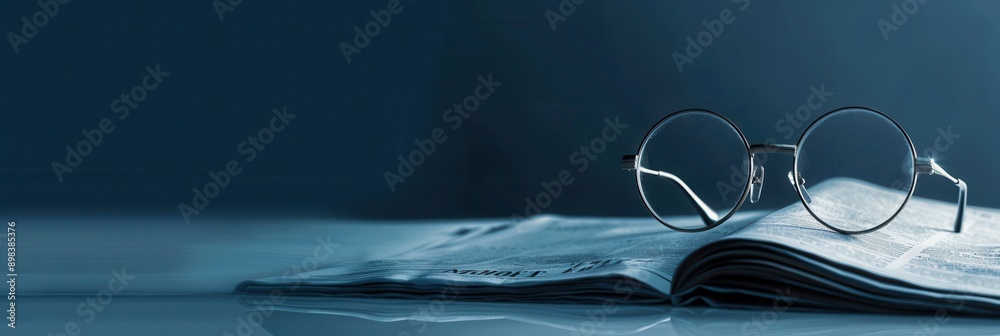 Poster round glasses rest on a newspaper, slightly out of focus. the background is a muted blue. generative