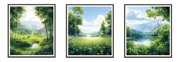 Nature Frame Collage  Lush Forest, Vibrant Meadow, and Serene Lake    Studio Composition cut out PNG on transparent