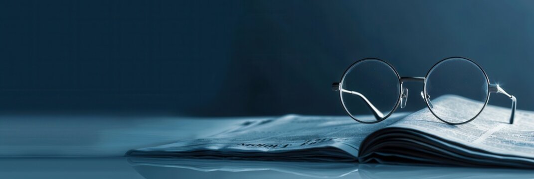 Round glasses rest on a newspaper, slightly out of focus. The background is a muted blue. Generative AI