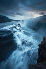 Fototapeta premium The image depicts a majestic waterfall cascading down from a mountainous area. The surrounding environment is rugged and lush, with trees and rocks in the foreground