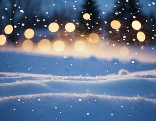 Naklejka premium Cute Christmas night landscape covered with fresh snow. Wonderful winter village. New Year Christmas atmosphere. Festive enchanting winter wonderland. Snowflakes, snowdrifts and hills. AI generated