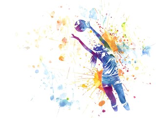 volleyball player reaching for a shot is illustrated in a dynamic watercolor style, with energetic splashes of color on a white background, conveying movement and excitement