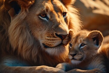 Naklejka premium A tender moment between a mother and baby lion in their natural habitat.