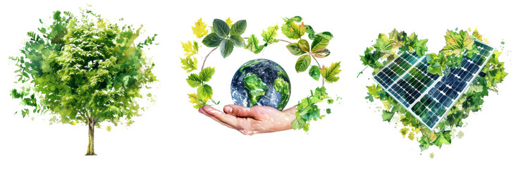 Obraz premium Eco Friendly Symbols Solar Panel, Earth in Hand, Leaf Heart Vibrant Green Environment Illustration cut out PNG on transparent