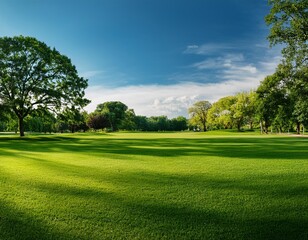 Wide open grassy area in a public park, perfect for recreational activities