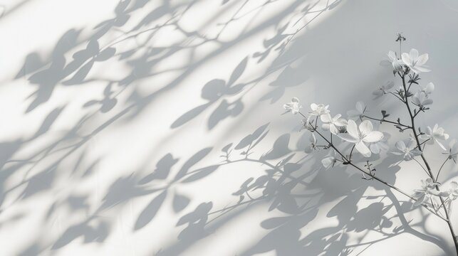 Flower shadows on white wall Neutral natural background with space for text Blurred overlay effect for design