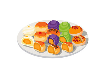 chinese moon cake with sweet mung bean in the plate and salted egg. Moon cake or Chinese pastry filled with mung bean paste and salted egg on white background.on white background illustration vector