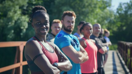 A diverse sports team poses for a group photo, showcasing their fitness and camaraderie