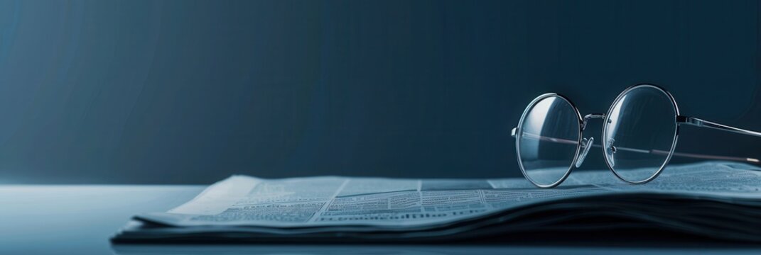 A pair of round glasses lies on a folded newspaper against a dark blue background. Generative AI
