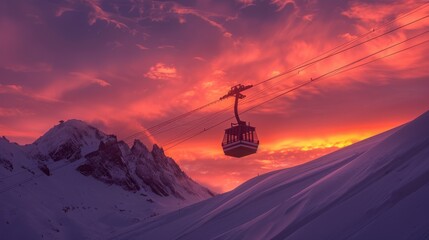 Majestic Sunset Over Snowy Mountain Range with Gondola