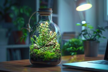 Miniature plant in glass bottle on desk