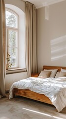 In a modern bedroom, a large bed with white linens and a gray throw blanket is framed by a large window with a mountain view. Potted plants and a nightstand with a lamp and books complete the decor