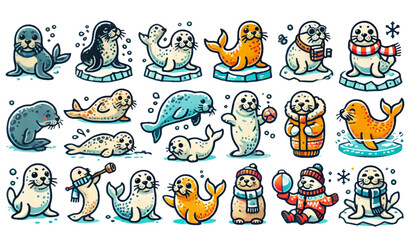 Obraz premium Cute Seal Cartoon Collection in Various Activities