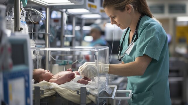 A healthcare professional in scrubs is attending to a newborn baby in an incubator in a hospital's neonatal intensive care unit (NICU).
