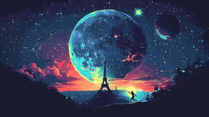 Space Age Gymnast: A space-themed illustration of a gymnast with the Eiffel Tower on a distant planet background on a dark blue background.


