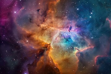 Obraz premium Nebulous clouds of colorful gases forming new stars, A stunning view of the Orion Nebula, a celestial masterpiece filled with swirling clouds of gas and bright stars, Ai generated