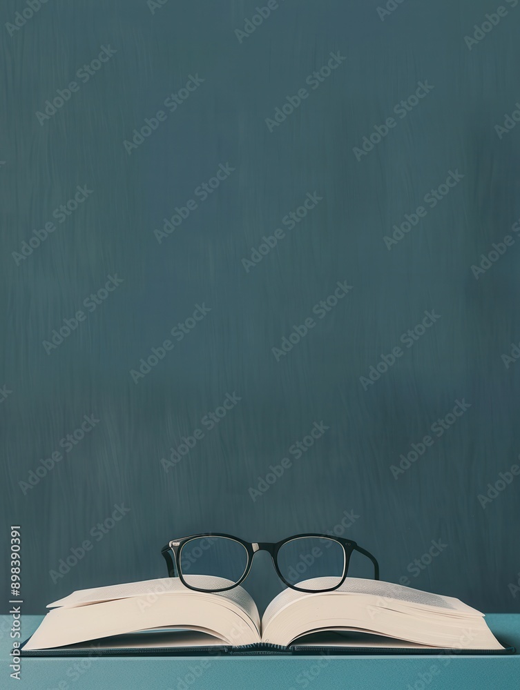 Leinwandbilder An open book with glasses resting on top of it sits on a teal surface in front of a dark teal wall. Generative AI