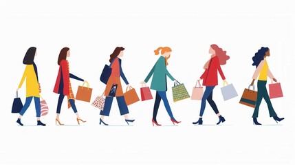 Obraz premium Vector illustration of females shopping over white background