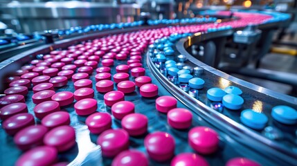 Obraz premium Colorful Pills on Conveyor Belt. Pink and blue pills travel along a conveyor belt in a pharmaceutical manufacturing facility, highlighting the pill production process.