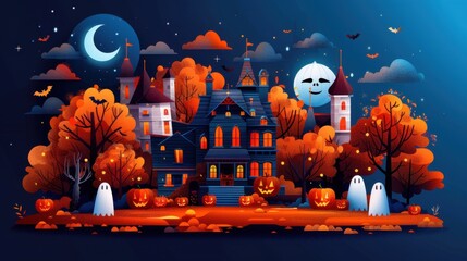 Adorable haunted house, smiling ghosts and pumpkins, flat design illustration