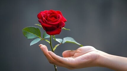 Fototapeta premium Hand Holding a Rose: A delicate hand holding a beautiful red rose, symbolizing love and romance. 