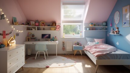 Fototapeta premium Cute and Cozy Kids Bedroom with Pink and Blue Walls